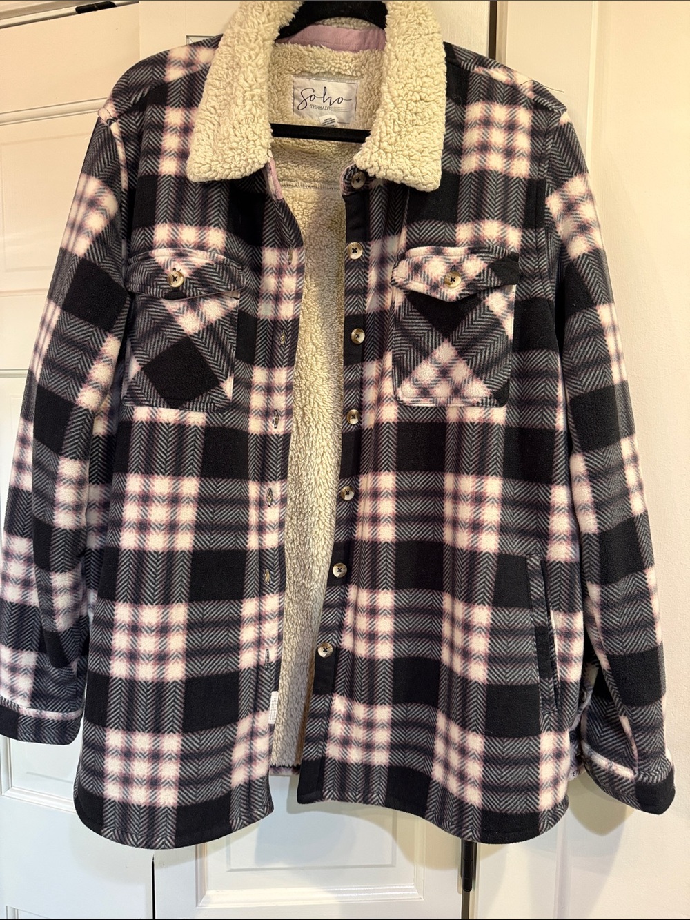 Soho Black and Light Pink Plaid Teddy-Lined Shacket Size XXL